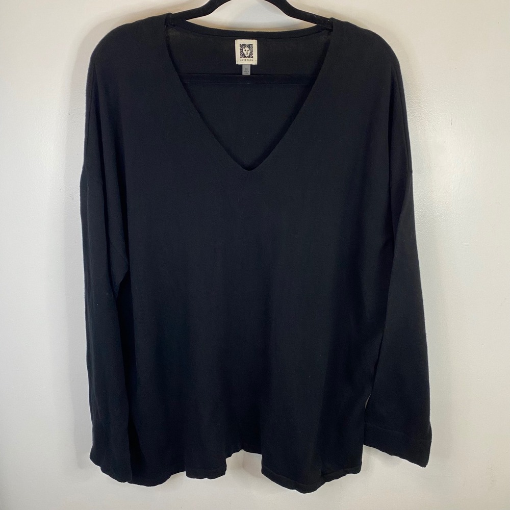 Anne Klein 2X Black V-Neck Long Sleeve Cotton Blend Knit Top